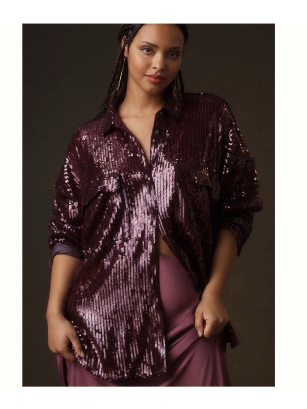 Pilcro Sequin Oversized Button Down Shirt Small Purple Fushia